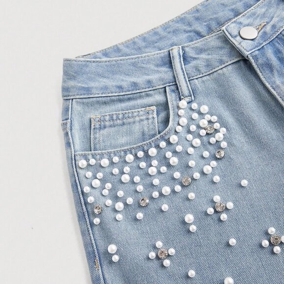 Blue Casual Women's Front Button Pocket Faux Pearl Decor Denim Jeans - Picture 4 of 4